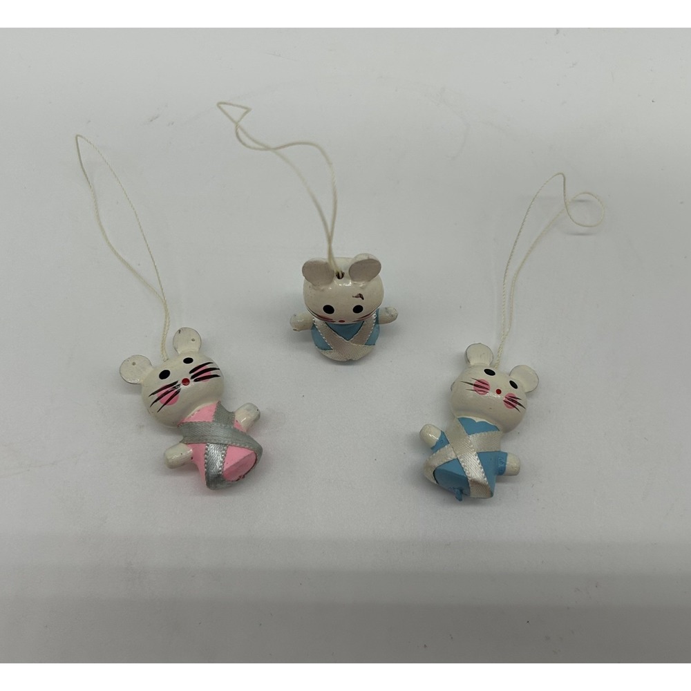 VINTAGE LOT OF 3 SMALL WOOD WOODEN PAINTED CHRISTMAS MICE ORNAMENT MOUSE HOLIDAY
